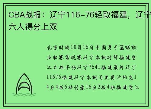 CBA战报：辽宁116-76轻取福建，辽宁六人得分上双