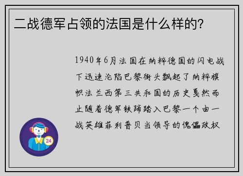 二战德军占领的法国是什么样的？